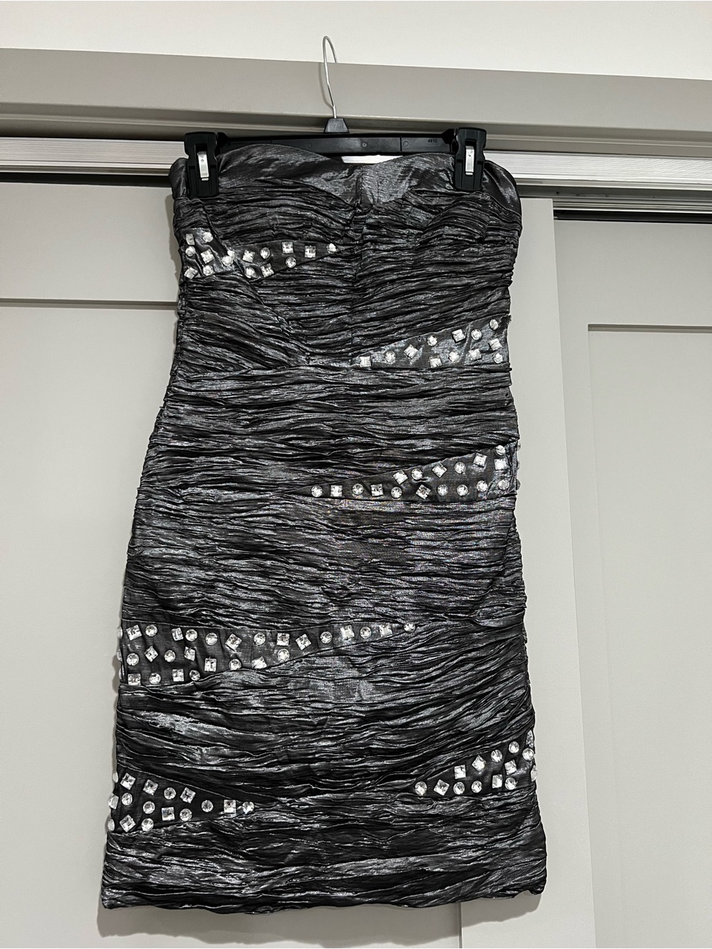 Strapless Grey Ruched Cocktail Dress with Embellished Accents